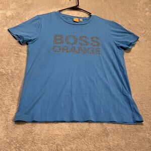 Hugo Boss Orange Shirt Mens Medium Blue Graphic Logo Tee T-Shirt Crewneck